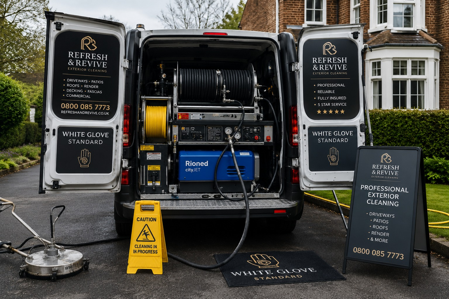 Van-mounted hot-water pressure washing system used by Refresh & Revive