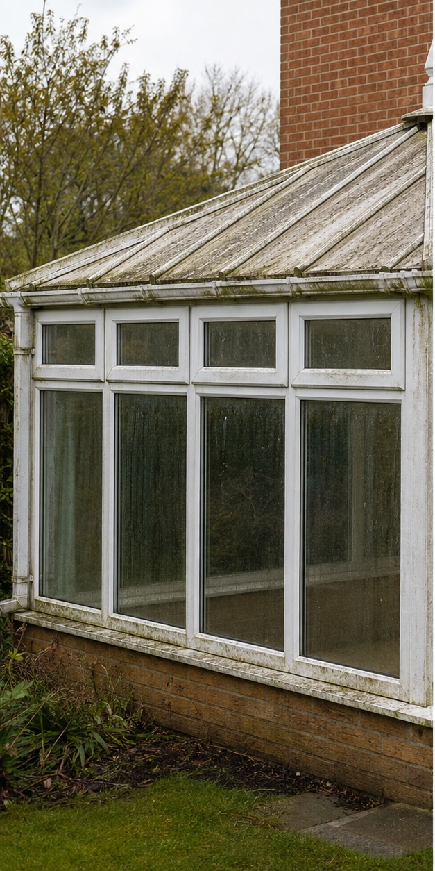 Conservatory roof and frames covered in moss, algae and weathering before cleaning