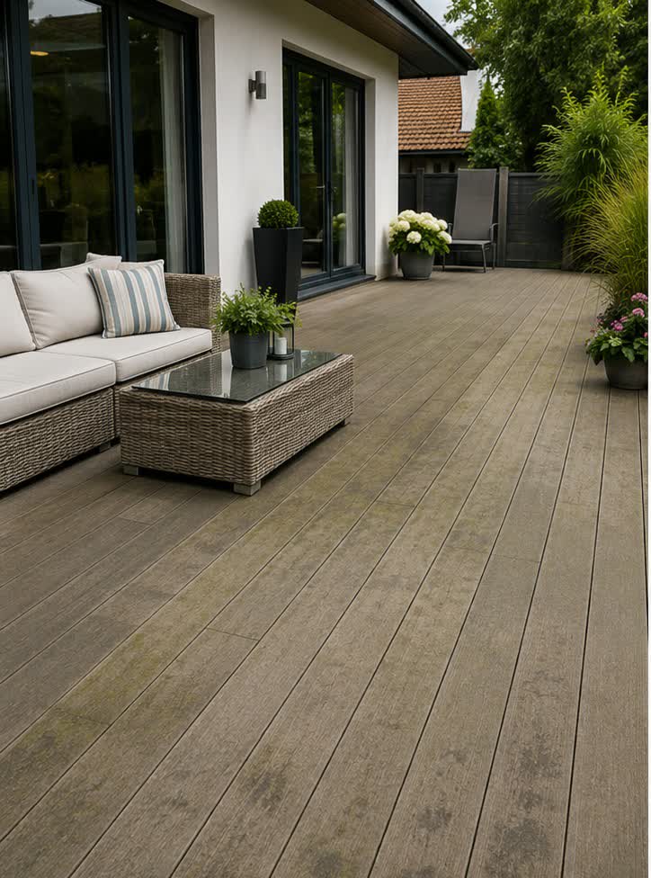 Decking boards marked with green algae growth before cleaning