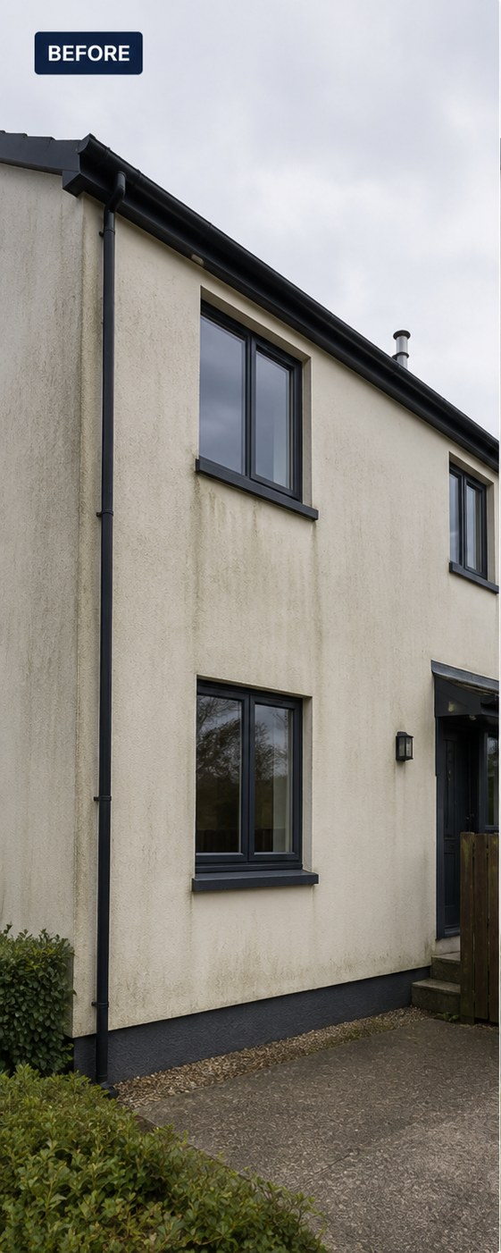 Rendered gable wall discoloured with algae and weathering before soft washing, Formby