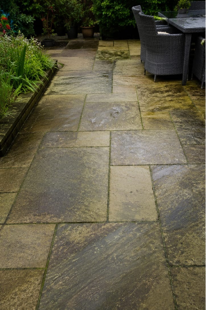 Sandstone paving slabs green with algae and ground-in soiling before cleaning