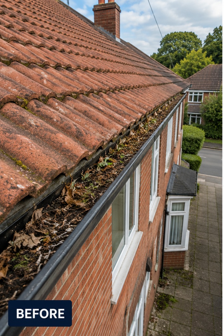 Gutter run packed with leaf litter and moss debris before clearing