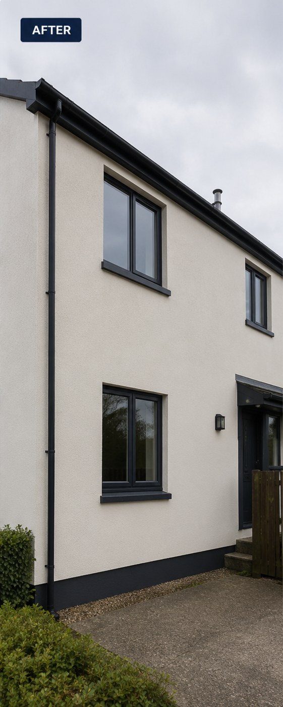 The same rendered gable clean and uniform after soft washing, Formby