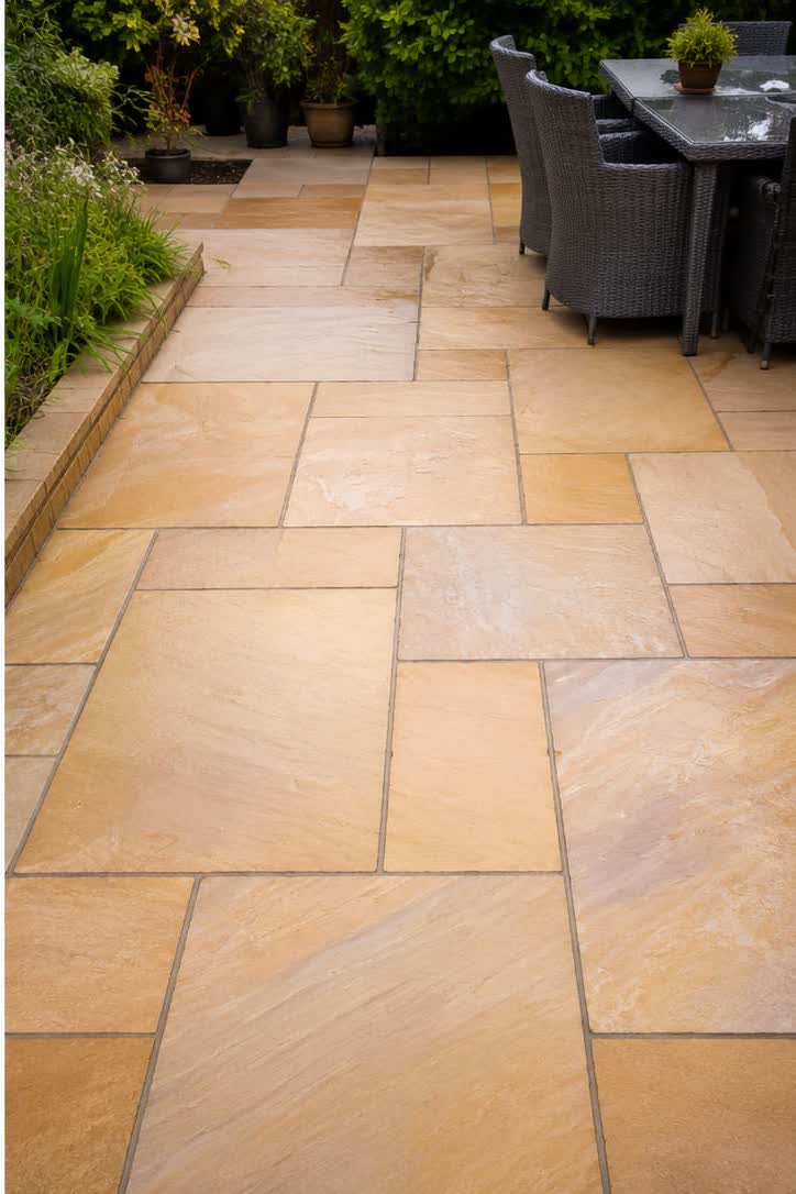 The same sandstone patio restored to a warm honey tone after cleaning in Clitheroe