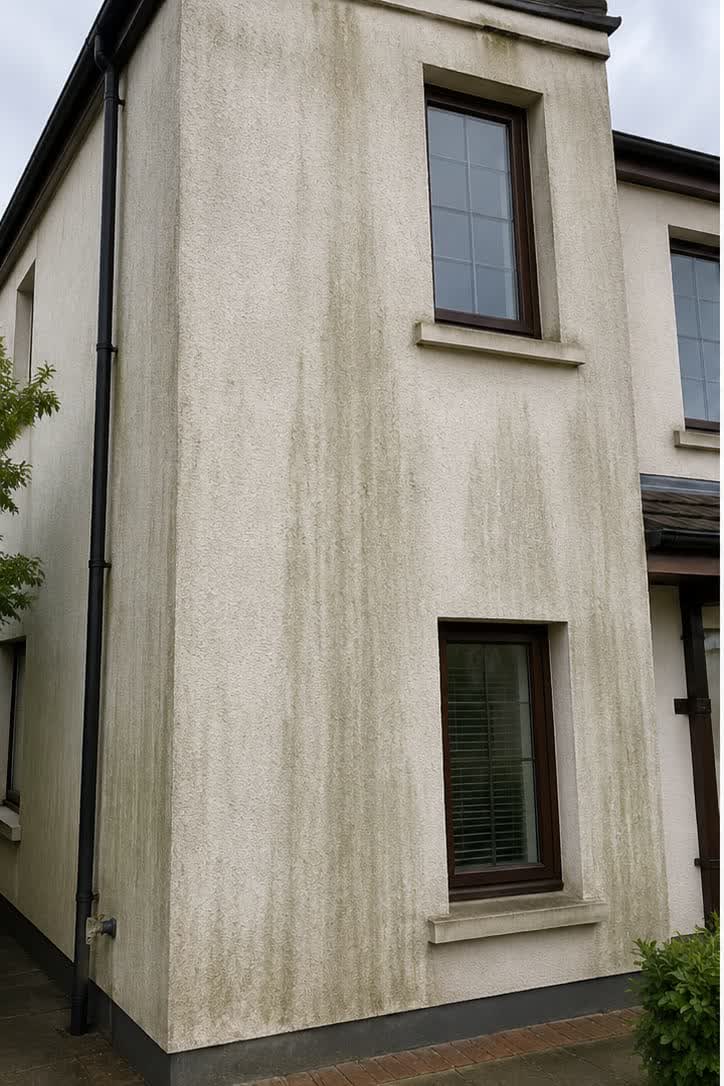 Rendered house wall streaked with green algae before soft washing