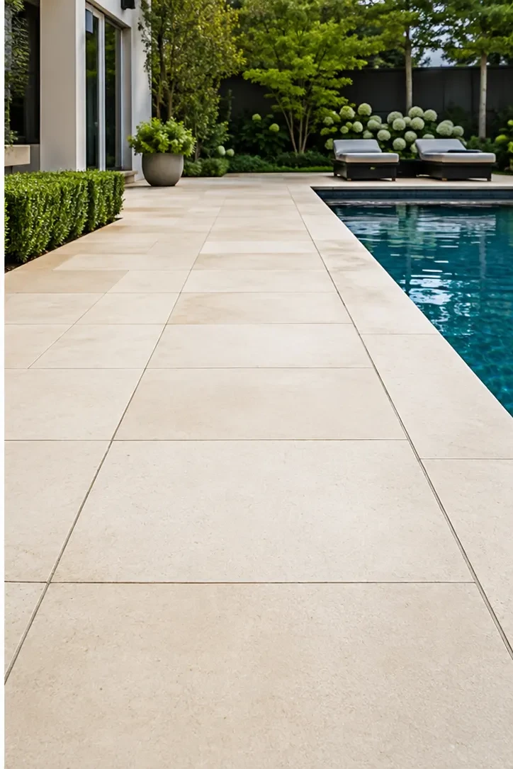 The same pool surround paving cleaned to an even, light finish
