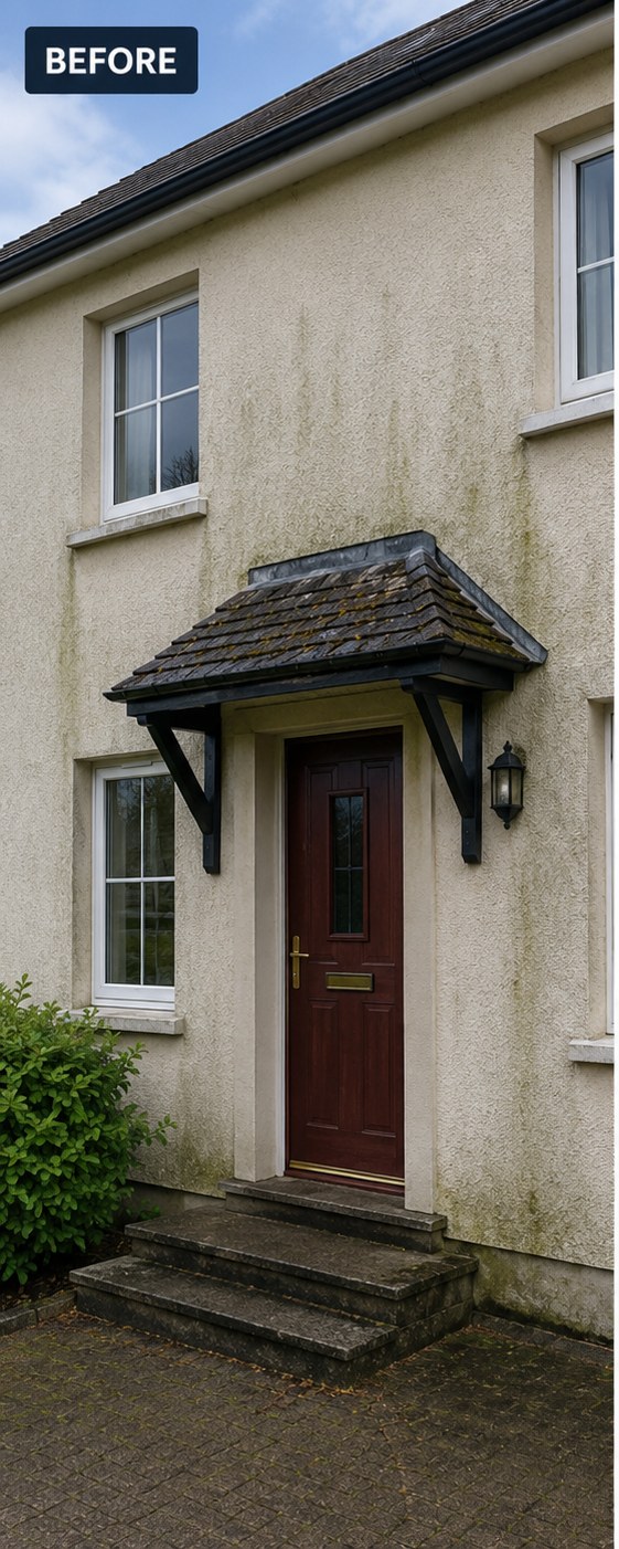 Cream rendered house front with green algae streaks around the porch before soft washing, Formby