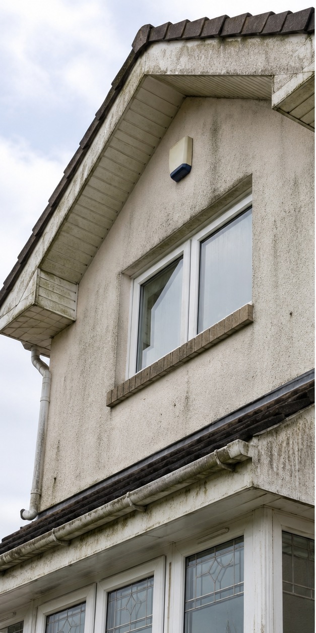 Fascias, soffits and gutter faces stained grey-green with algae and traffic film
