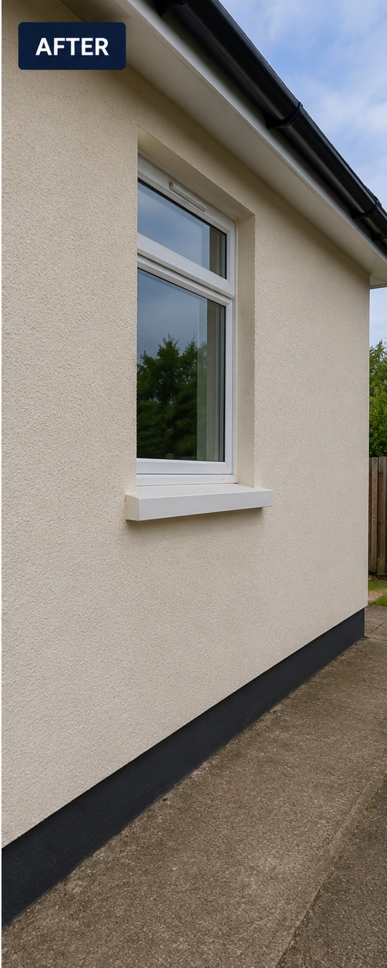 The same rendered side wall clean and even in colour after soft washing, Formby