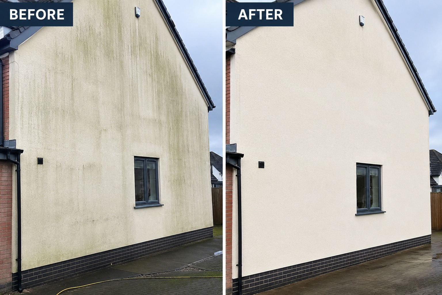 House gable before and after render soft washing in Cheshire