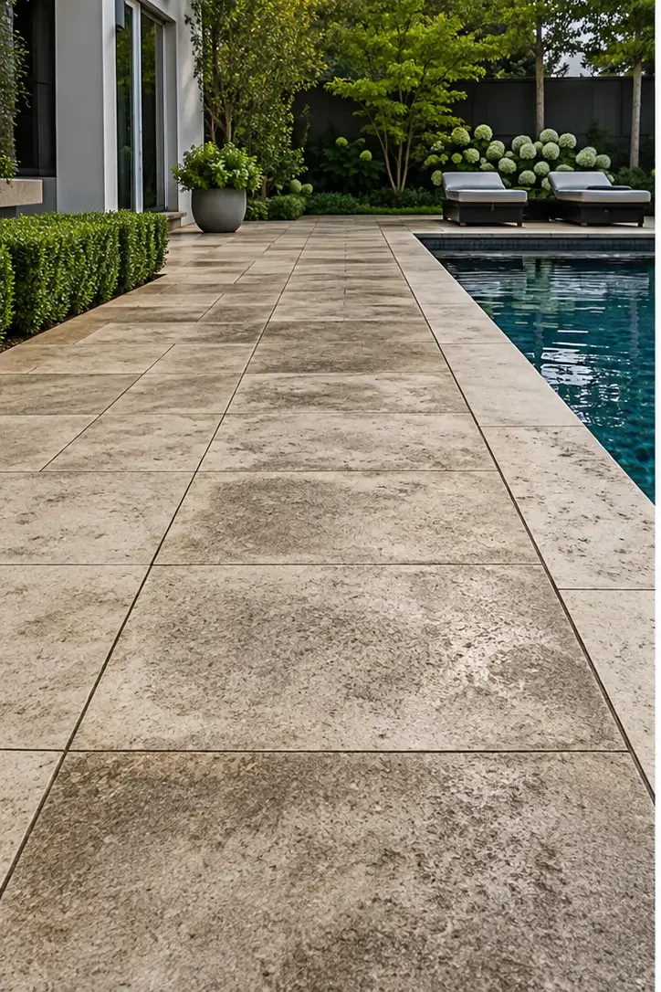 Pool surround paving marked with algae and weathering before cleaning