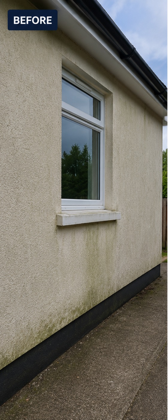 Cream rendered side wall with green algae running below the window before soft washing, Formby