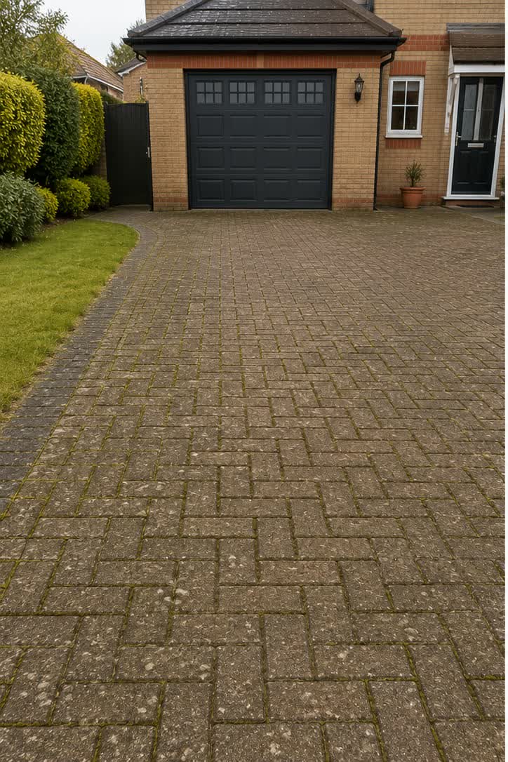 Block paving driveway dulled by algae and moss before cleaning in Clitheroe
