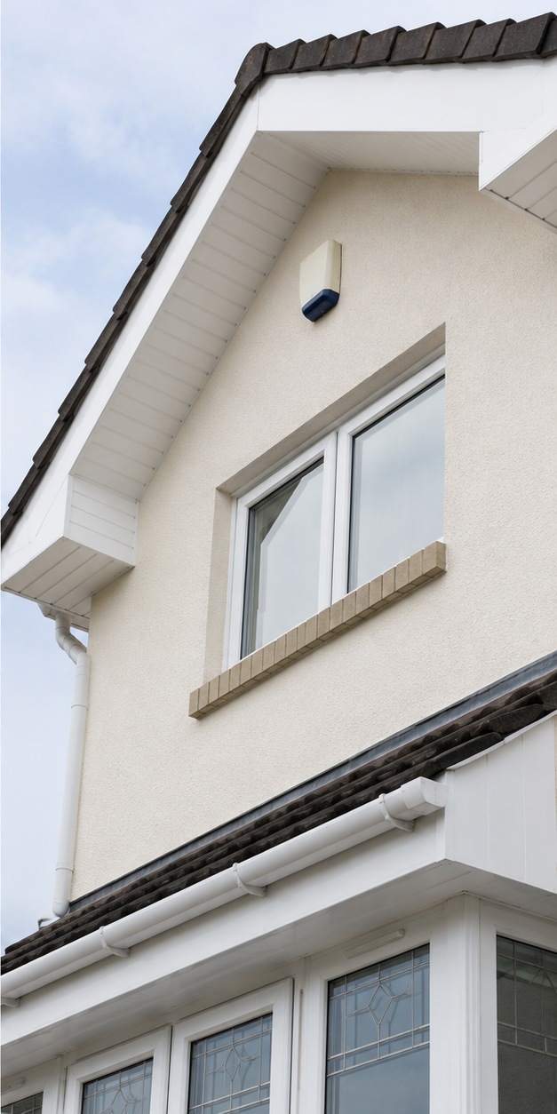 The same fascias, soffits and gutter faces washed back to a bright, even white