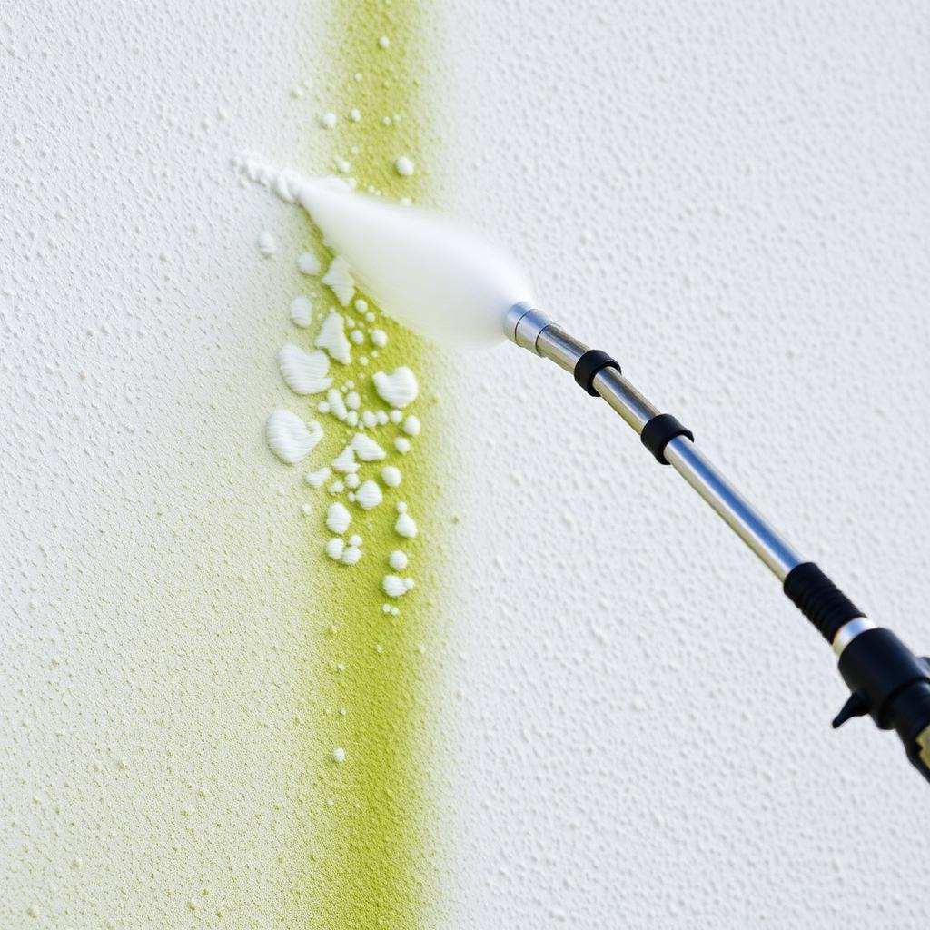 Low-pressure soft washing nozzle cleaning algae from a rendered exterior wall